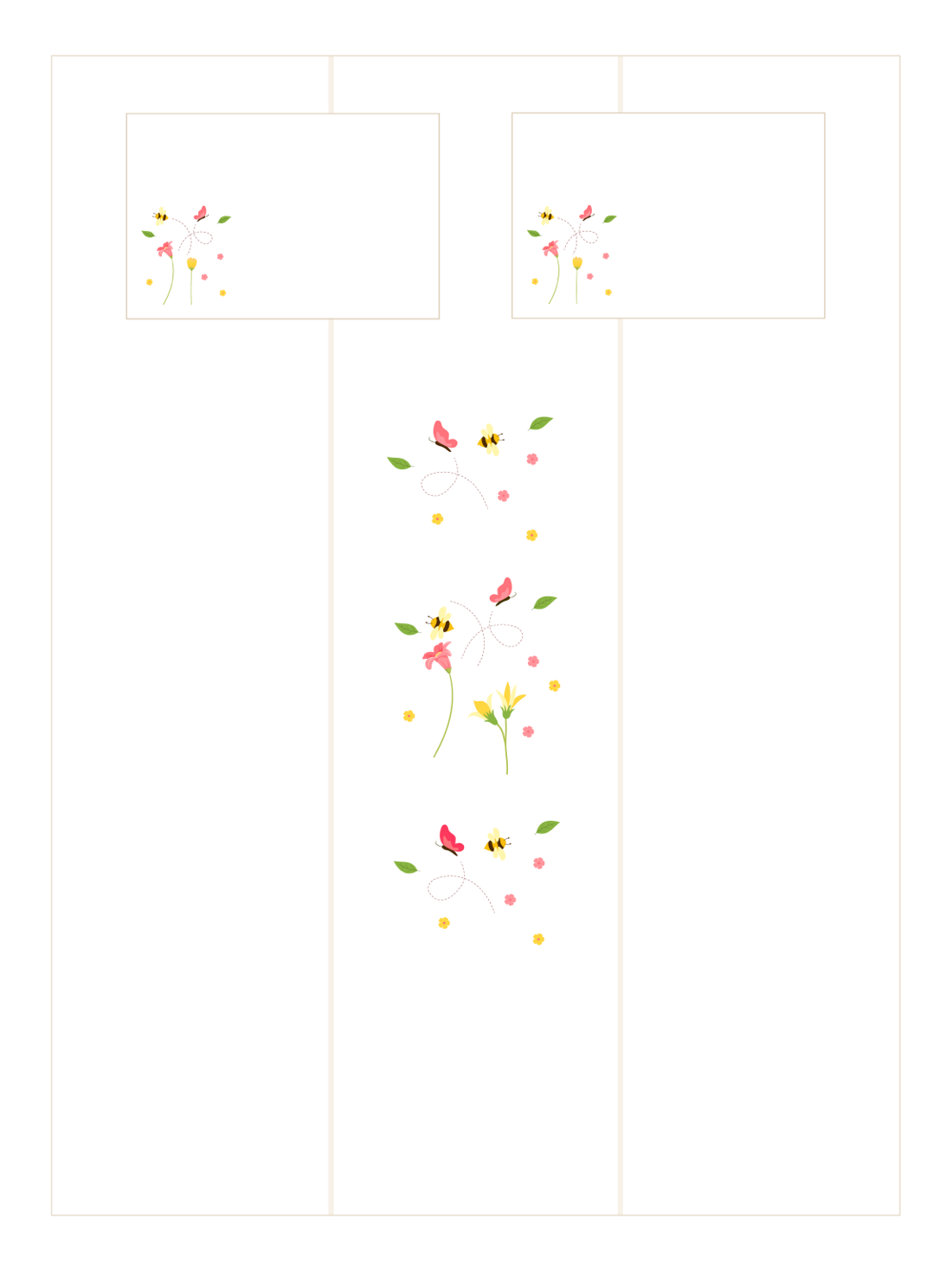 Bees and Blossom bed linen set layout with a white sheet and two embroidered pillowcases