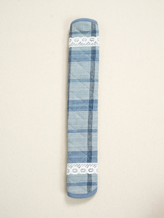 Long blue plaid handle cover with white lace bands and blue edging