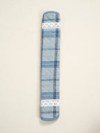 Long blue plaid handle cover with white lace bands and blue edging