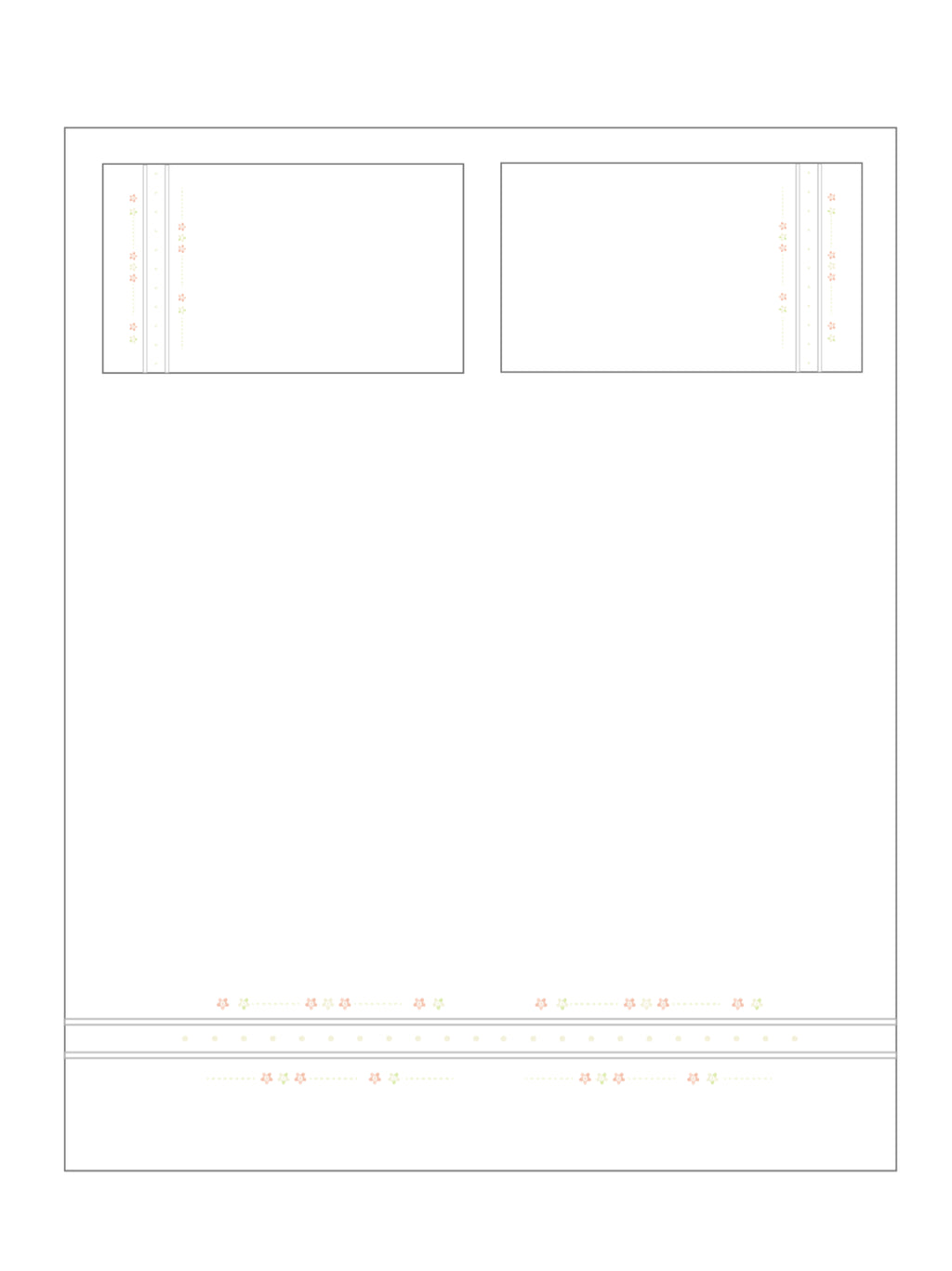 Layout illustration of a bed sheet and two pillowcases with floral embroidered borders