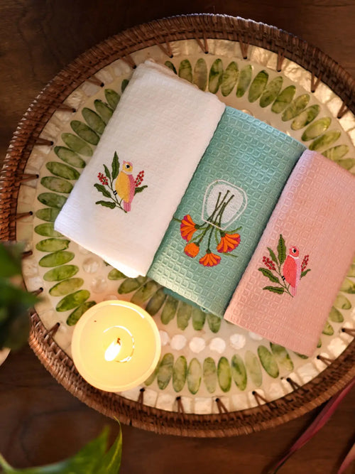 White, mint green and blush pink waffle hand towels with bird and flower embroidery