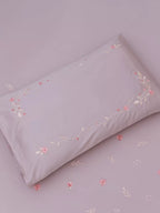 Mauve Bedsheet set with floral and vines embroidery pillow cover