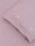 Mauve Bedlinen set with floral and vines embroidery with pillow cover