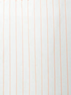 Close-up of white sheer curtain fabric with fine peach vertical stripes