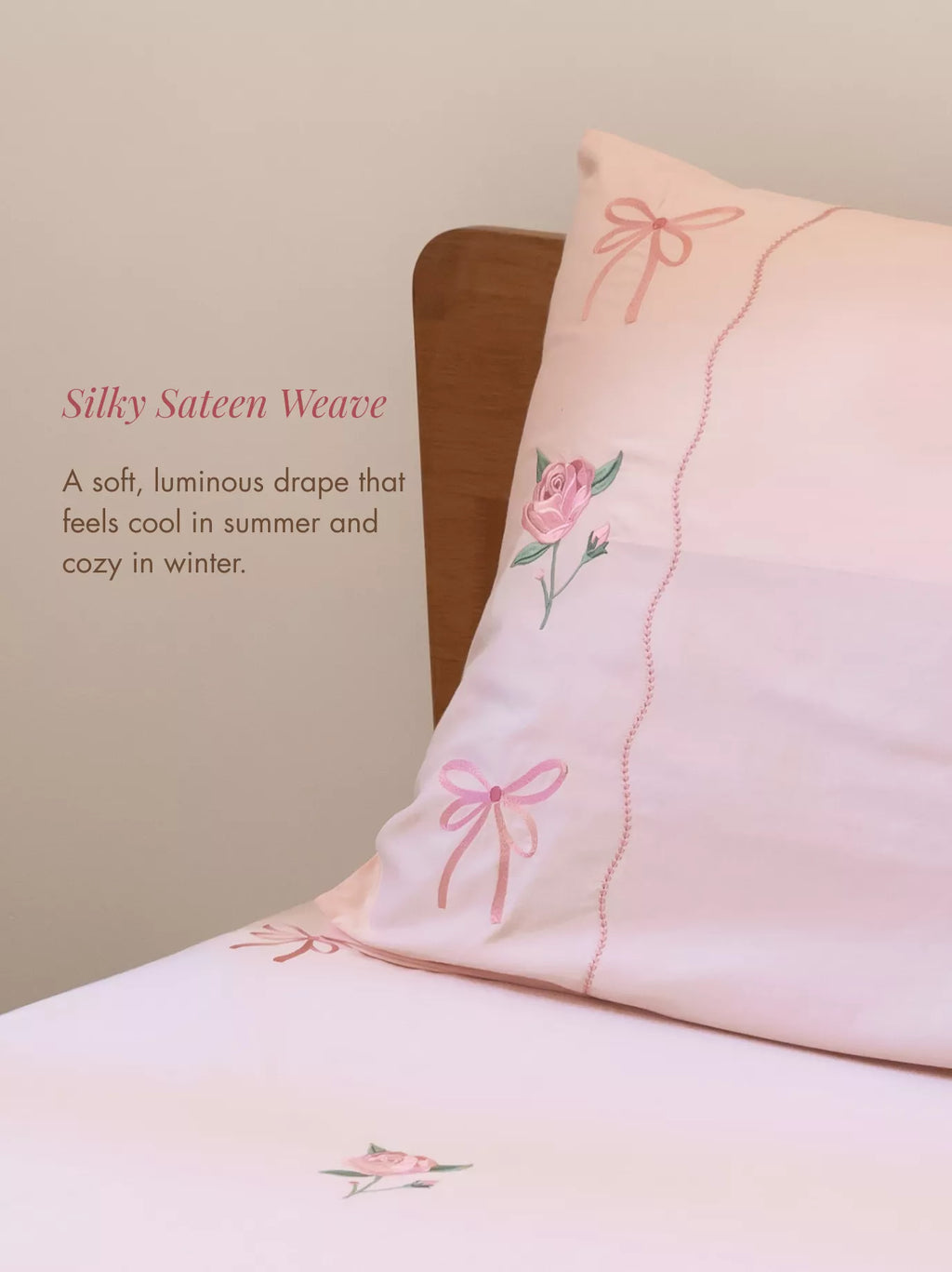 Pink Bedsheet set with floral and bows embroidery pillow cover