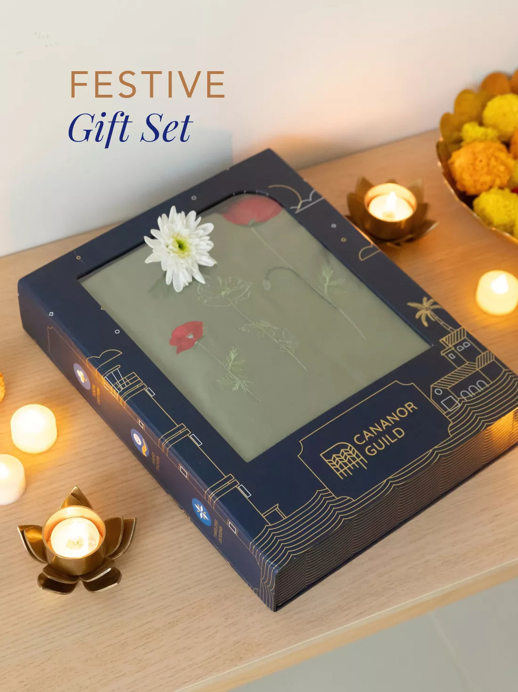 Poppy Fields Green Embroidered Bedlinen Diwali Gift Set