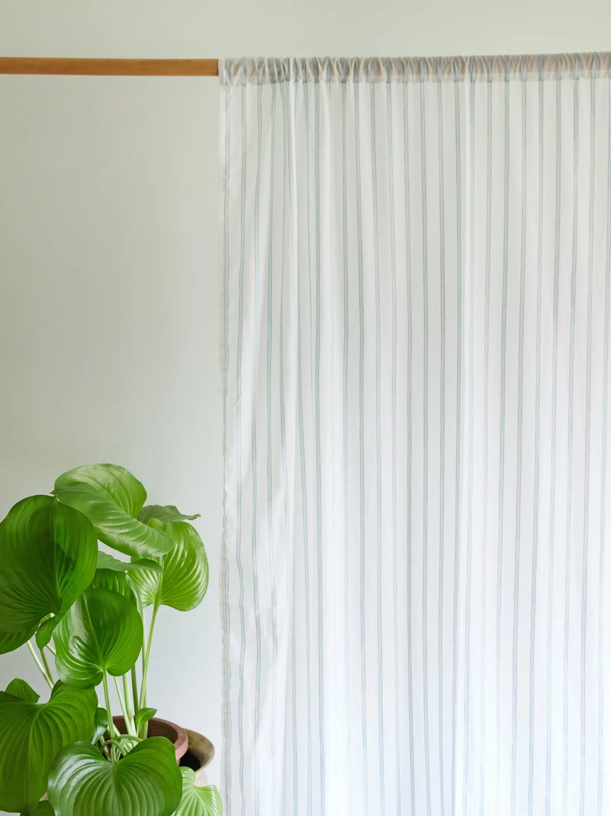 White sheer curtain with narrow powder blue stripes and a gathered rod pocket