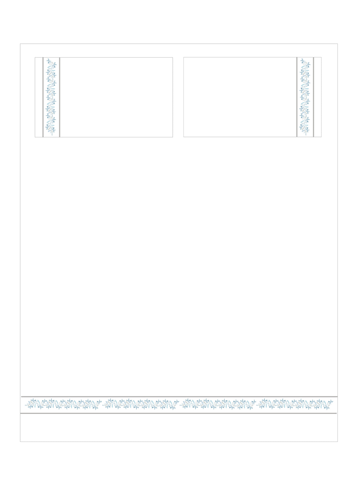 Layout illustration of a white bed sheet and two pillowcases with blue vine embroidered borders