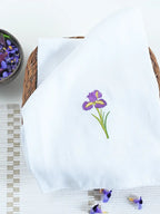 White Kerala Thorthu towel with purple iris embroidery