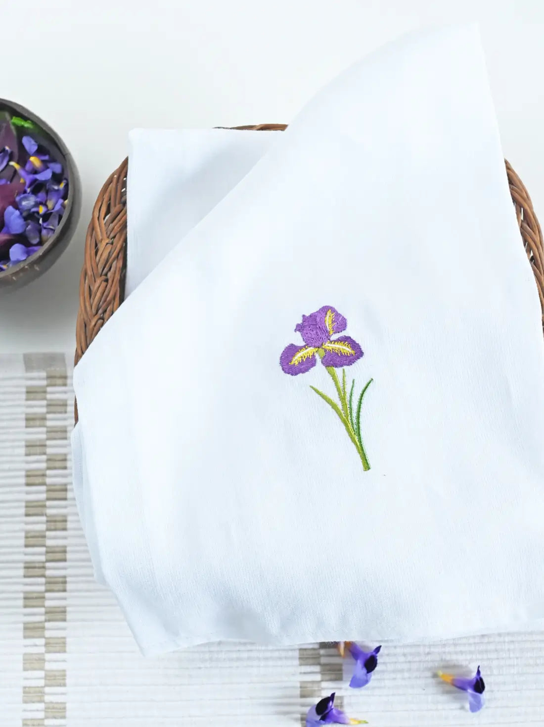 White Kerala Thorthu towel with purple iris embroidery