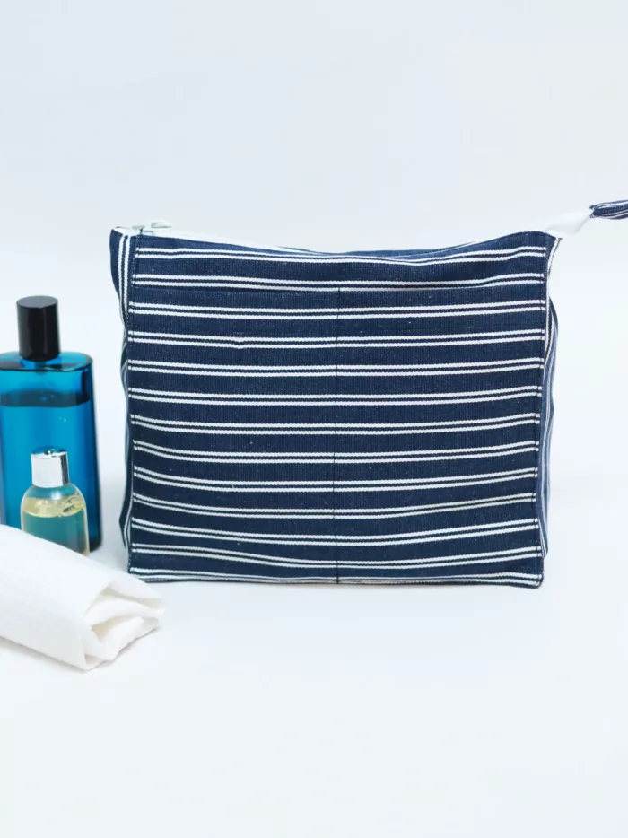 toiletry bag in blue stripes hand woven
