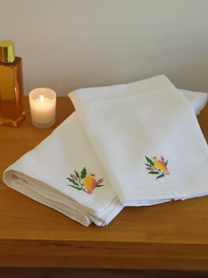 white waffle towel with embroidery