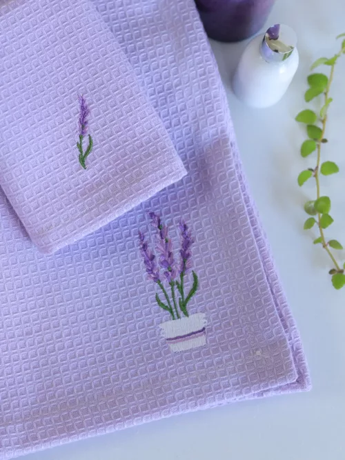 lavender waffle bath towels with embroidery