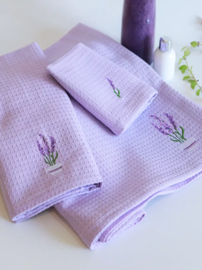 lavender waffle bath towel set with embroidery