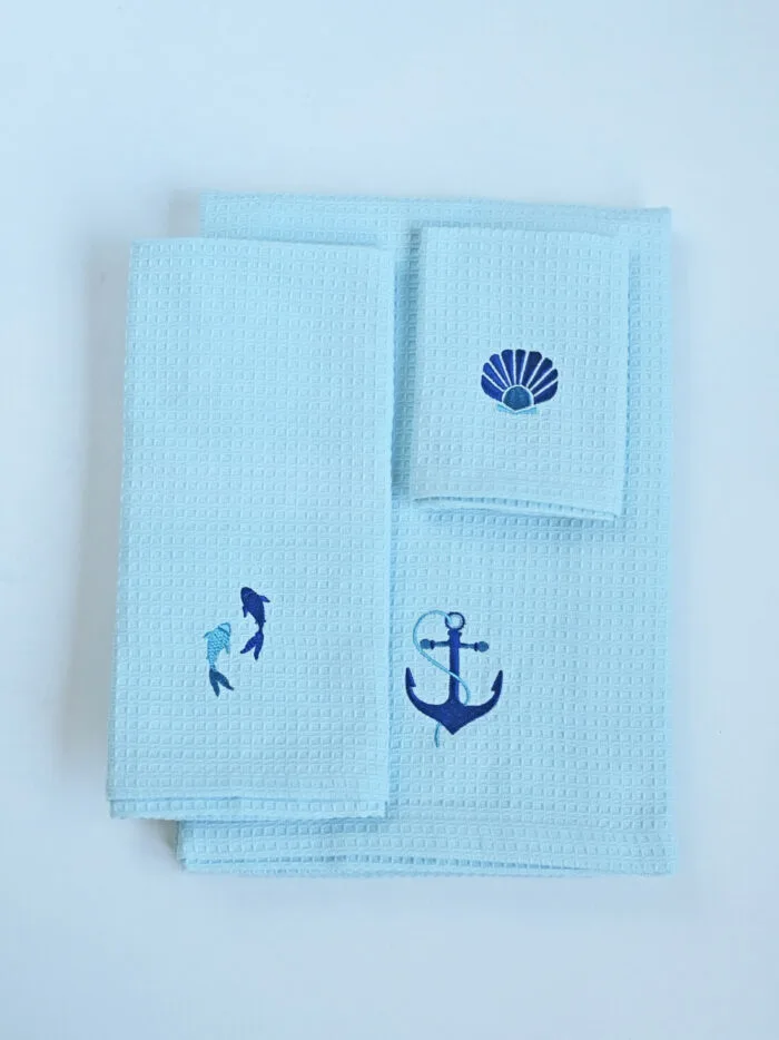 Malabar Coast Blue Waffle Towel Set - Bath, Hand & Face Towel