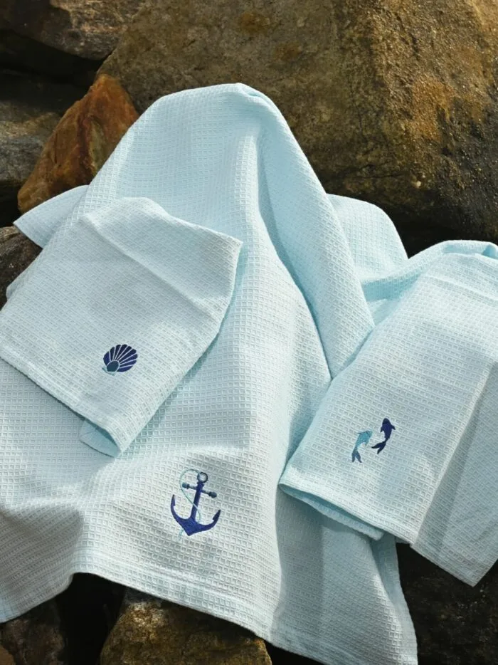 Malabar Coast Blue Waffle Towel Set - Bath, Hand & Face Towel - Image 2