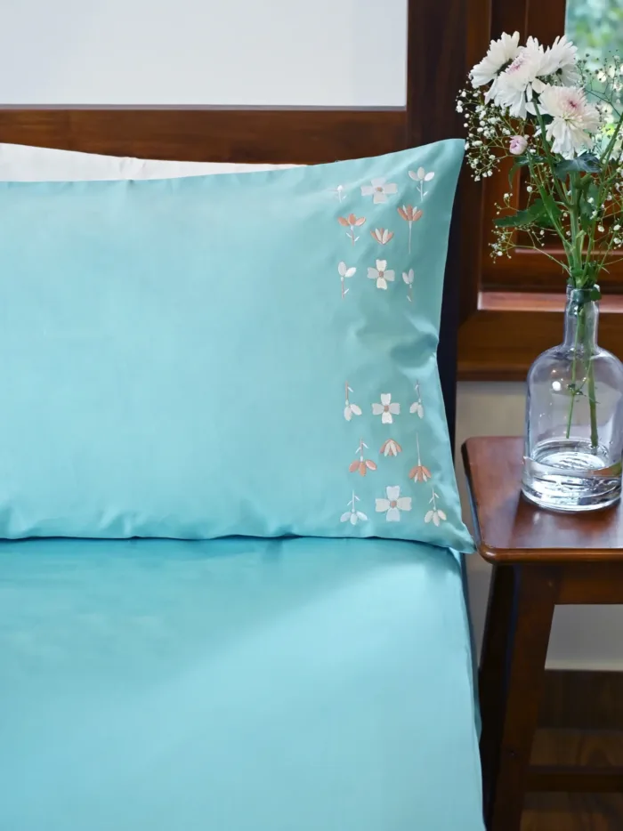 Garden Mist Blue Embroidered Bedlinen Set in 500TC