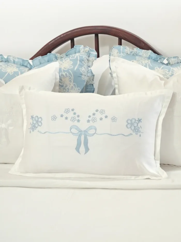 Floral Grace Blue Embroidered Cushion Cover