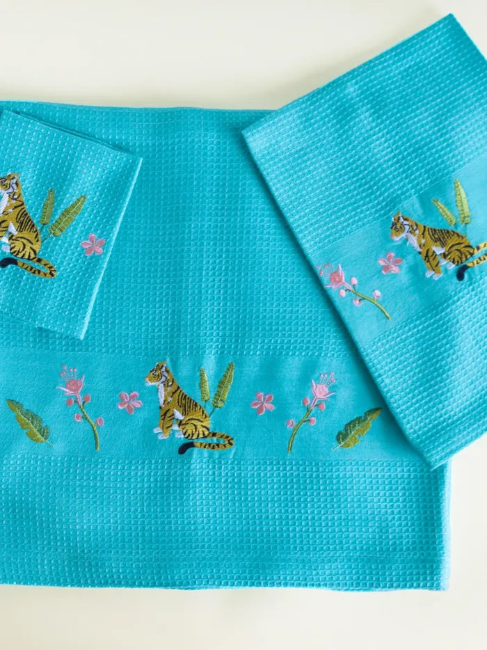 The Malabar Tiger Teal Blue Bamboo Towel Set of 3 - Bath, Hand and Face