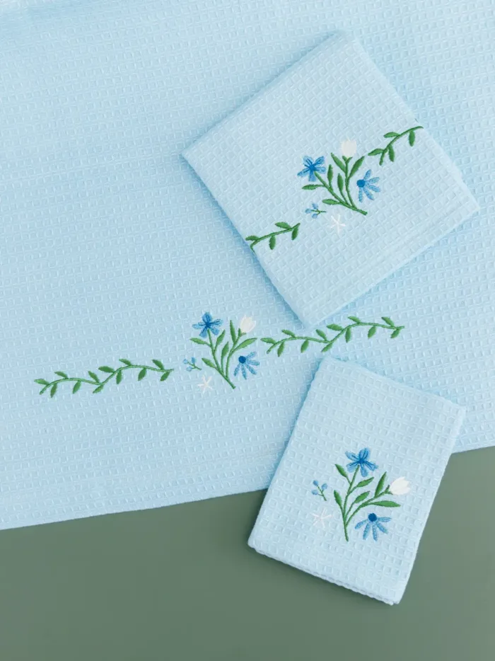Morning Bloom Blue Embroidered Waffle Towel Set of 3 – Bath, Hand and Face