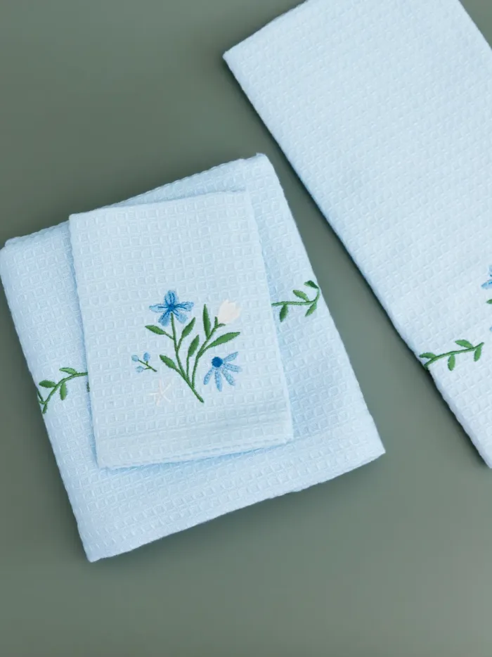 Morning Bloom Blue Embroidered Waffle Towel Set of 3 – Bath, Hand and Face - Image 2