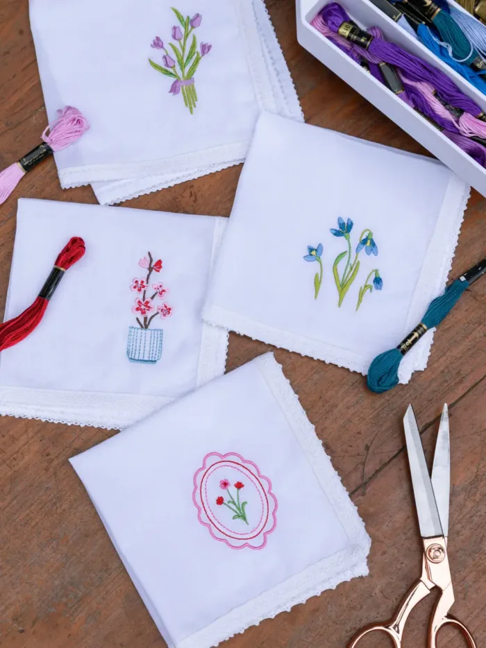 Petals & Stitches Cotton Embroidered Handkerchief – Set of 4