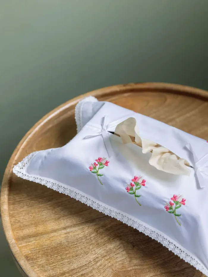 Rosé Floral Embroidered Tissue Box Cover