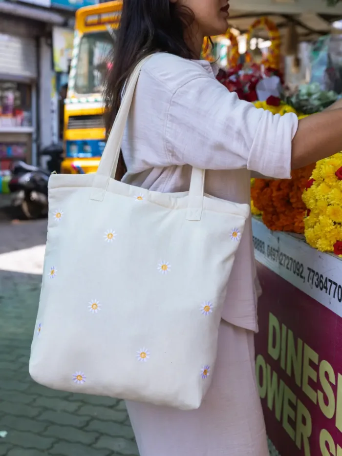 Sunpetal Embroidered Cream Tote Bag