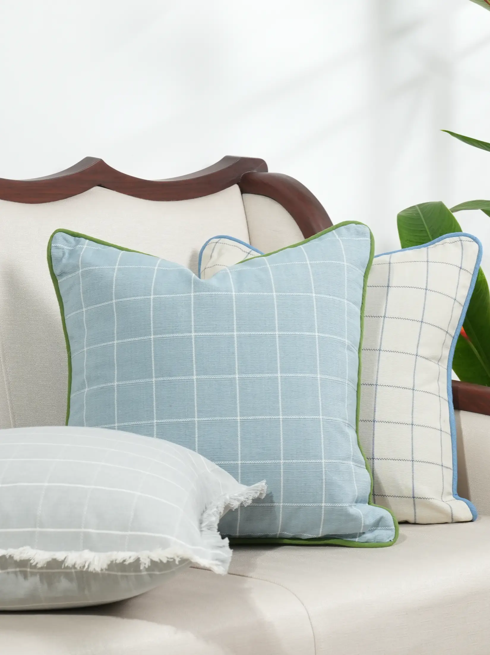 Cloud Blue Checkered Cushion Cover - Image 2